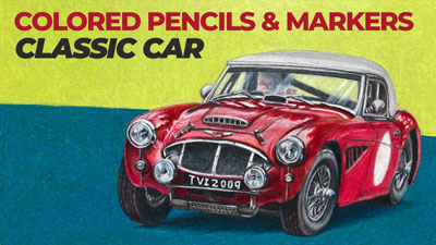 带记号笔和彩色铅笔的古董车-课程系列